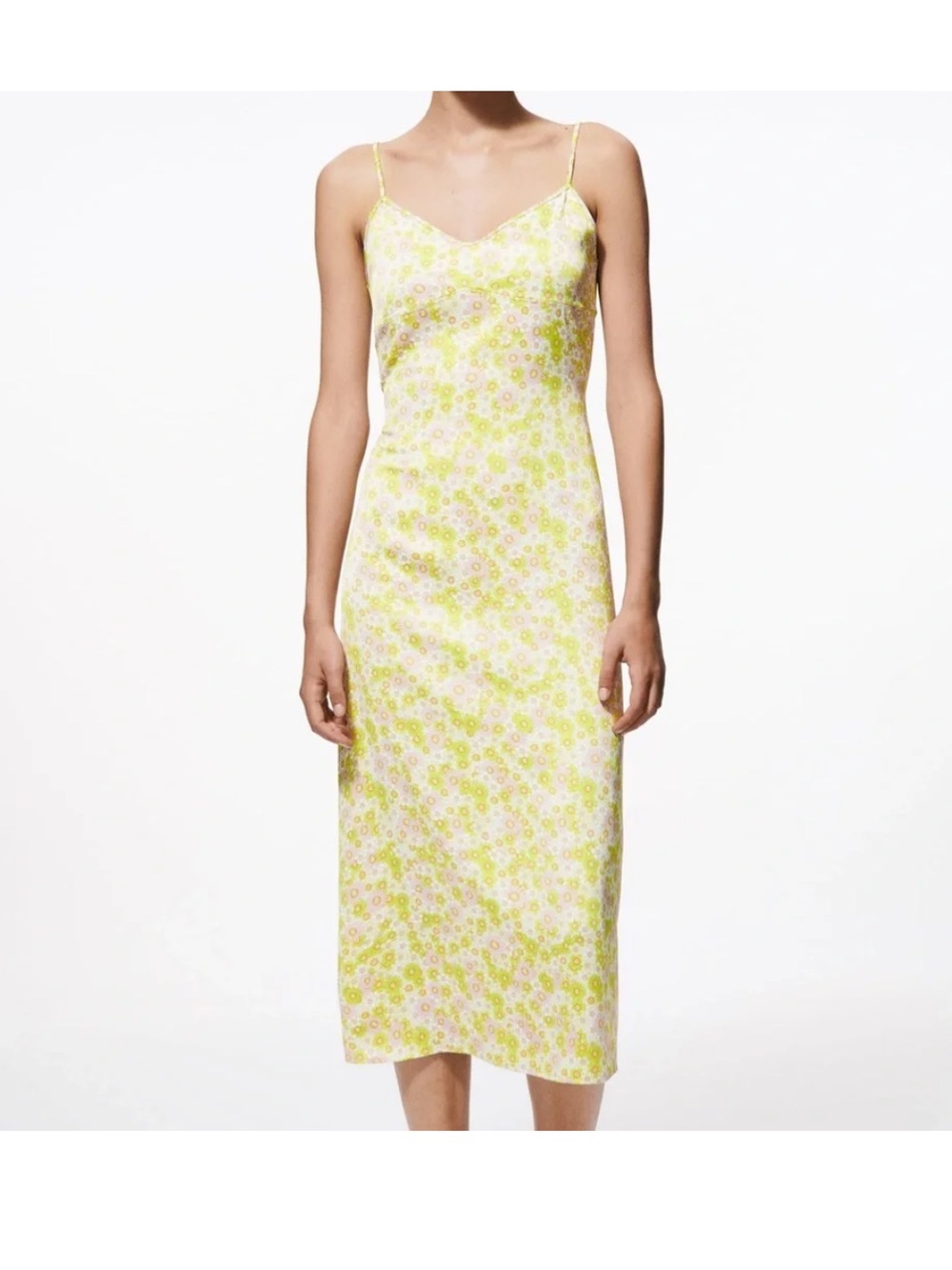 Zara Floral Midi Slip Dress M Green Pink Open Back Cottagecore Adjustable Straps